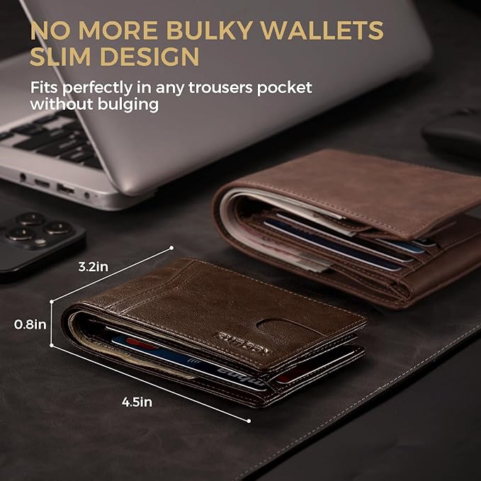 RUNBOX Wallet for Men Bifold RFID Blocking Wallets with 2 ID Window 14 Card Holders 1 cash pocket 1 Gift Box