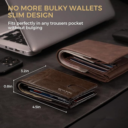 RUNBOX Wallet for Men Bifold RFID Blocking Wallets with 2 ID Window 14 Card Holders 1 cash pocket 1 Gift Box