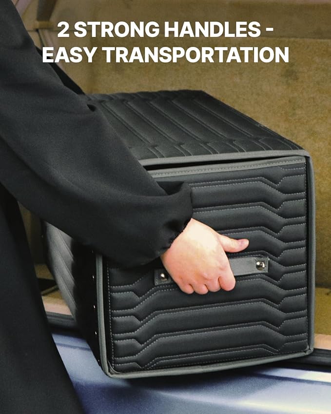 Owleys Car Caddy Organizer Set - 17.7" + 21.6" SUV Trunk Organizer Bundle For Road Trips, Groceries & Tools - Foldable Crates With Magnetic Lids - Stylish Gift For Men - Black Highway