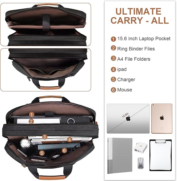 ESTARER 3 In 1 Laptop Bag for Men, 15.6 Inch Computer Bag Laptop Backpack for Work/Travel/Business, Convertible Briefcase Water Resistant Canvas Messenger Bag (Dark Grey)