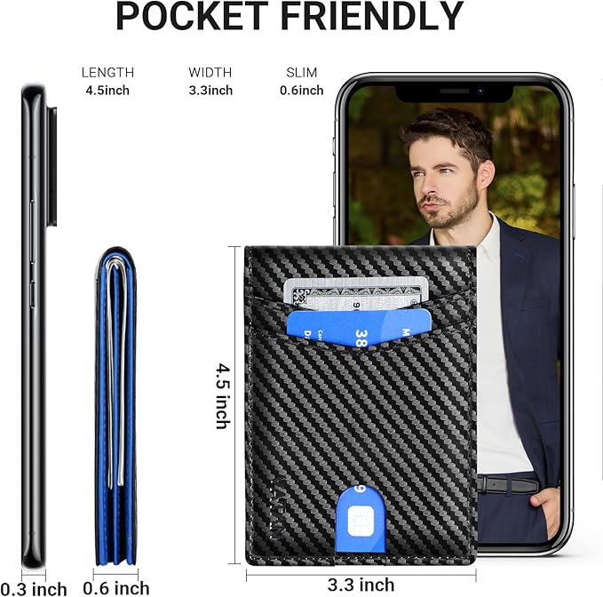 VATAN Wallet for Men, Mens Minimalist Wallet Credit Card Holder, Slim Leather Rfid 2 ID Window Large Capacity With Gift Box (Carbon Black and Blue)