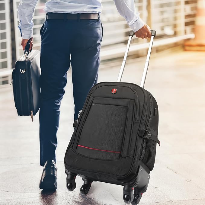 Rolling Backpack with Wheels - Water-Resistant, Airline Approved Underseat Travel Luggage, Ideal 18*14*8 Personal Item Suitcase, Wheeled Backpack, Roller Backpack, and Rolling Laptop Bag