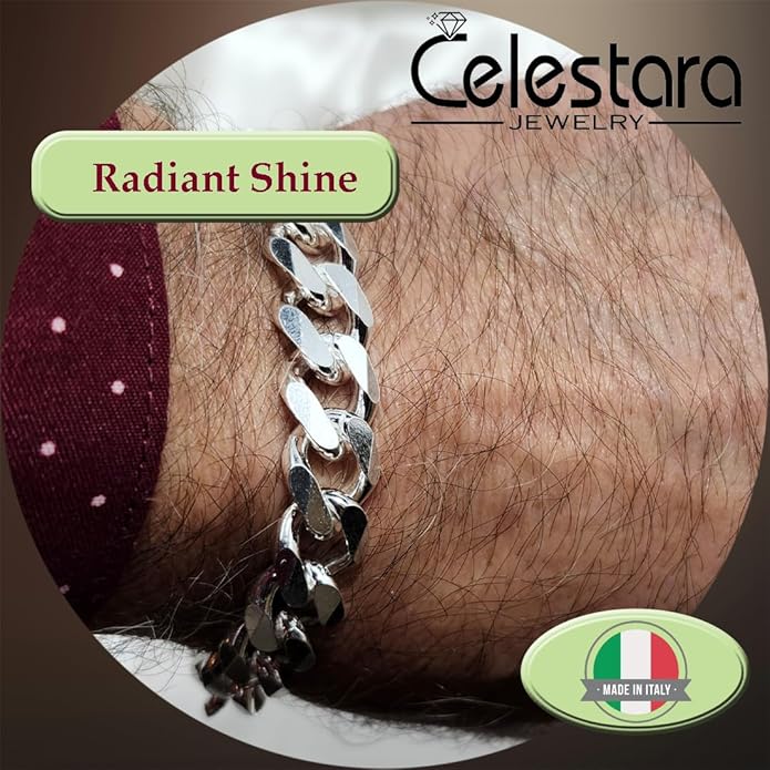 Celestara Jewelry, 925 Sterling Silver Cuban Link Chain, Italian-Made Solid Chain Bracelet and Necklace for Men & Women - (Premium Leather Gift Box Included)