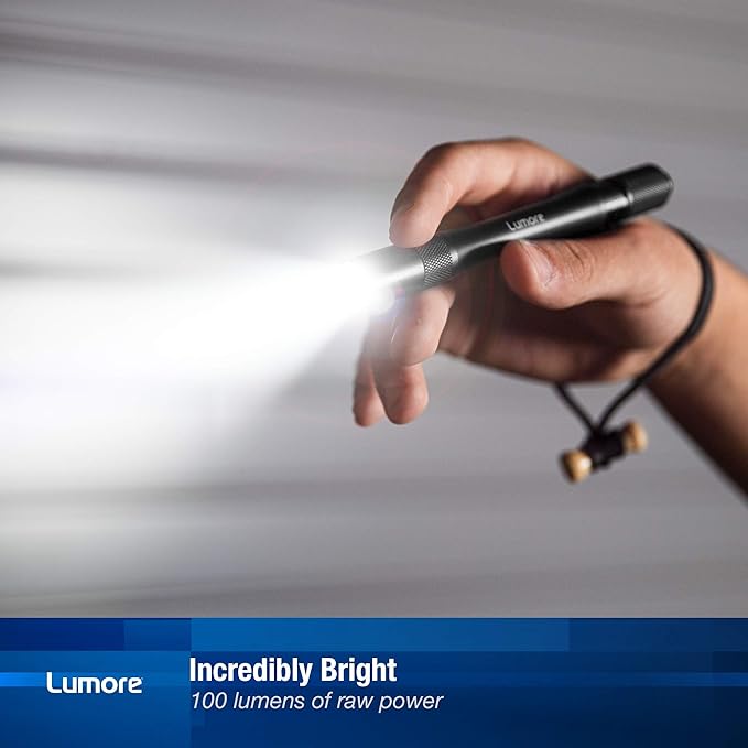 LUMORE Pen Light 4 Pack | 100 Lumens Each, 2 Hour Run Time, Battery Powered Handheld Flashlight, Durable & Waterproof, Perfect for EDC, Camping & Fishing, Includes 2x AA Batteries