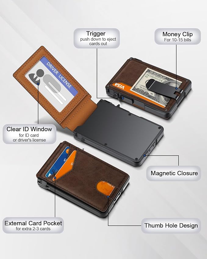 Wallet for Men, Mens Minimalist Wallet 9-13 Cards, Slim Compact Wallet with Money Clip & ID Window, RFID Blocking Smart Pop Up Card Wallet, Metal Aluminum Credit Card Holder Bifold Wallet