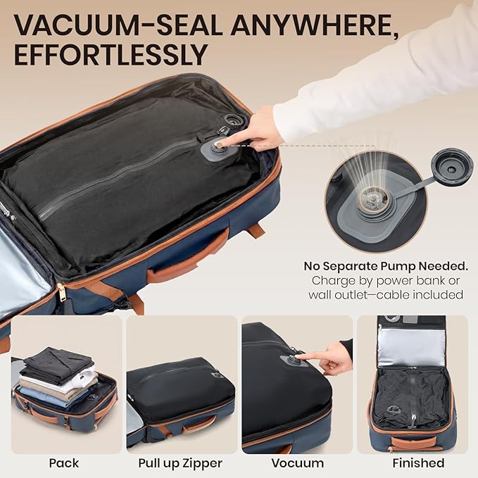 Fanwoli Rolling Vacuum Backpack Travel with One-Button Compression, Expandable Carry-On Suitcase Luggage, Approved TSA Lock & Water-Proof Laptop Compartment for Outdoor/Family/Business Trips