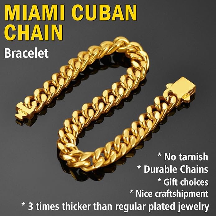 Stainless Steel Bracelets for Men,Cuban Link Mens Bracelet Silver/Black/Gold Plated Classic Chain Wrist Bracelets Jewelry Gifts for Dad Husband 5/7/9/12MM Width,7.5"/8.3"/9" Length with Gift Box
