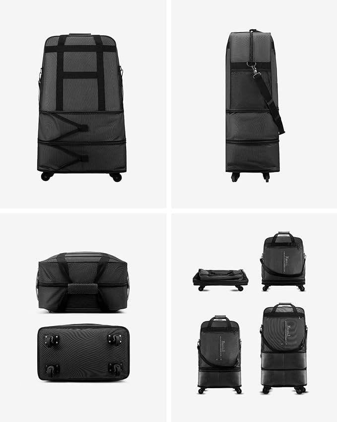LUGGEX Suitcases with Wheels, Expandable Collapsible Luggage Rolling Travel Duffle Bag without Telescopic Handle, Foldable Large Weekender Bag for Men Women, Black