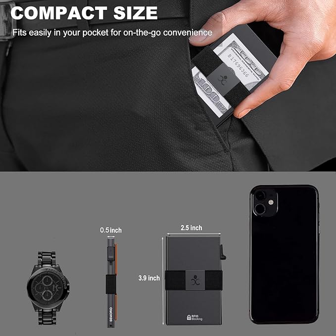 Slim Aluminum Card Holder Wallet for Men, Durable Expandable Backplate, RFID Blocking Minimalist Metal Pop Up Wallet, Holds 12+ Cards Plus Cash