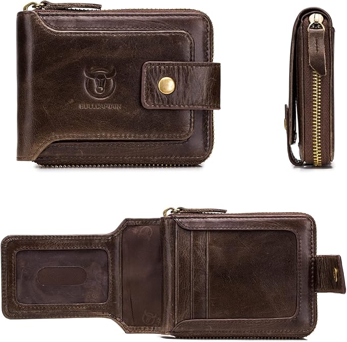 LUKZIJAES Genuine Leather Wallet for Men RFID Blocking Large Capacity Card Case with Zipper ID Window Coin Pocket (#2-Coffee)