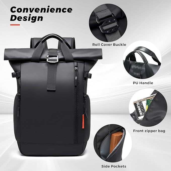 Roll Top Travel Backpack for Men and Women 15.6 Inch 20-25L Expandable Water-Resistant Commuter Casual Daypack Laptop Backpack for Work Business College