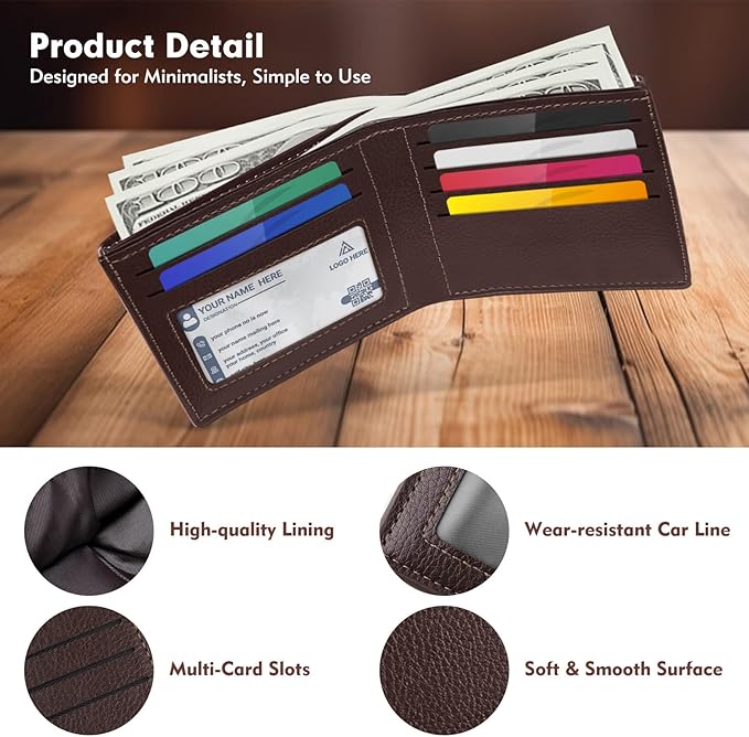 luseyfj Mens Slim Bifold Wallet with ID Clear Window & 6 Credit Card Slots, Minimalist Handmade Bifold Wallets for Men, Thin Card Credit Holder Wallet for Men - Slim & Stylish (Coffee)