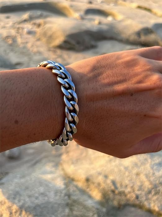 ChainsPro Cuban Link Bracelet for Mens, 6/10/14 mm, 19-21CM Length, 18K Gold Plated/316L Stainless Steel/Black-With Gift Box