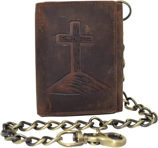 Men's RFID Blocking Trifold Vintage Leather Biker Chain Wallet With Snap Closure