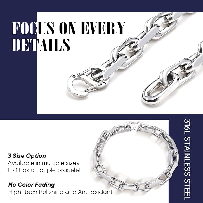 VNOX Link Chain Bracelets for Men - Cool Mens Bracelets Diamond-Cut Paperclip Solid Chain Bracelet Chunky Stainless Steel Jewelry Trendy Gifts