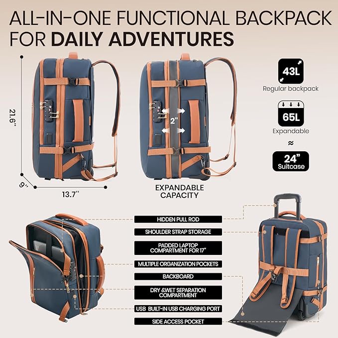 Fanwoli Rolling Vacuum Backpack Travel with One-Button Compression, Expandable Carry-On Suitcase Luggage, Approved TSA Lock & Water-Proof Laptop Compartment for Outdoor/Family/Business Trips