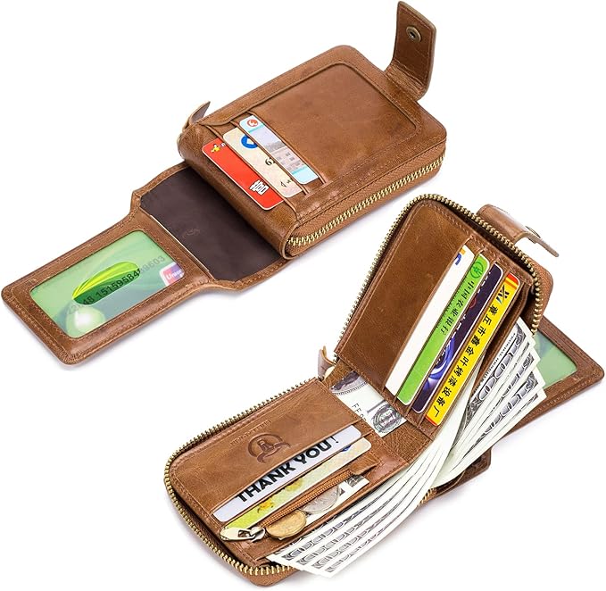LUKZIJAES Genuine Leather Wallet for Men RFID Blocking Large Capacity Card Case with Zipper ID Window Coin Pocket (#2-Yellow Brown)