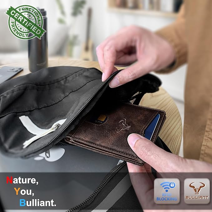 BULLIANT Men Wallet, Slim Leather Wallet Front Pocket Card Holder Gift For Men 11 Slots RFID Blocking