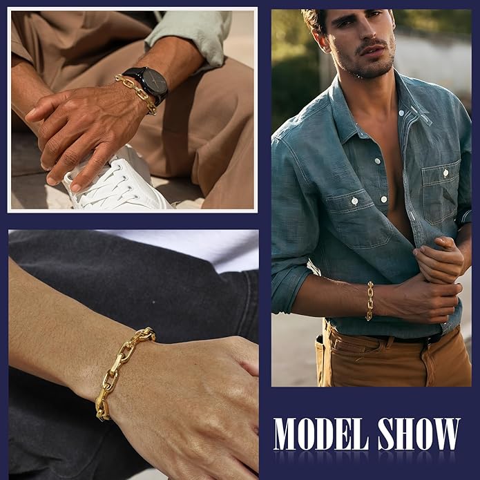 VNOX Link Chain Bracelets for Men - Cool Mens Bracelets Diamond-Cut Paperclip Solid Chain Bracelet Chunky Stainless Steel Jewelry Trendy Gifts