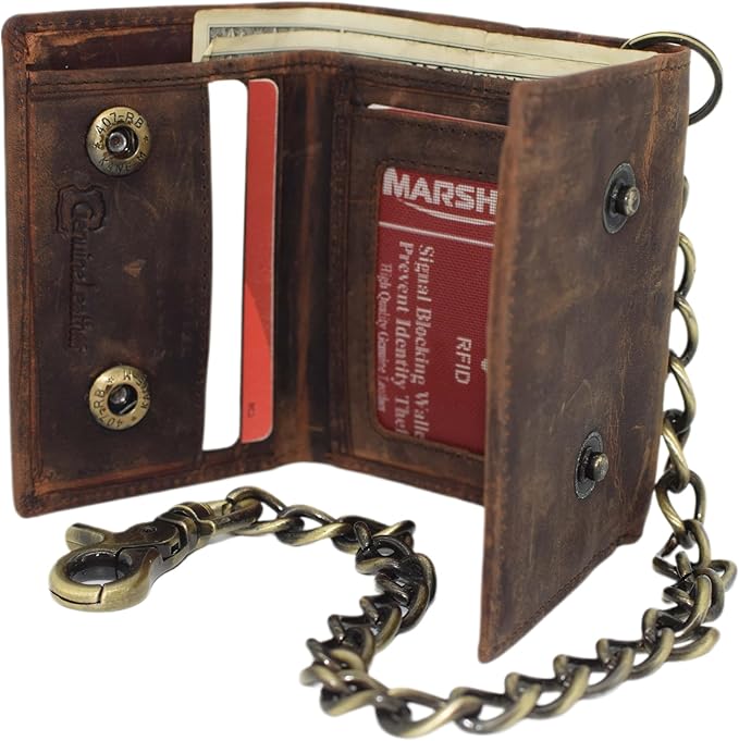 Men's RFID Blocking Trifold Vintage Leather Biker Chain Wallet With Snap Closure