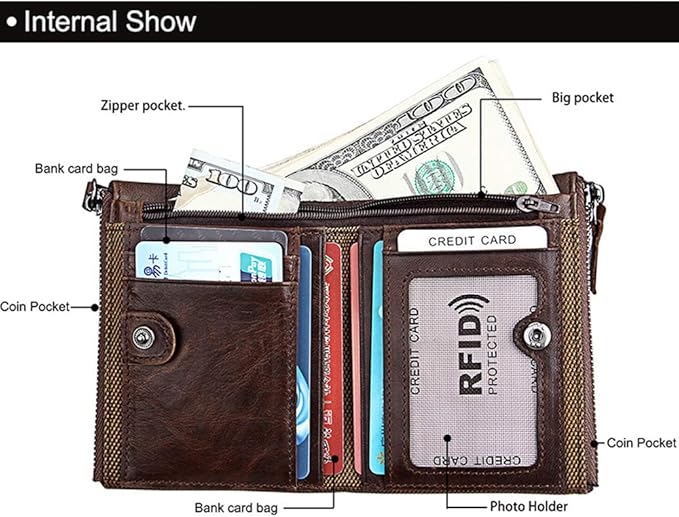 shuainiu Men's Folding Double Zip Wallet RFID Blocks Retro Short Coin Purse