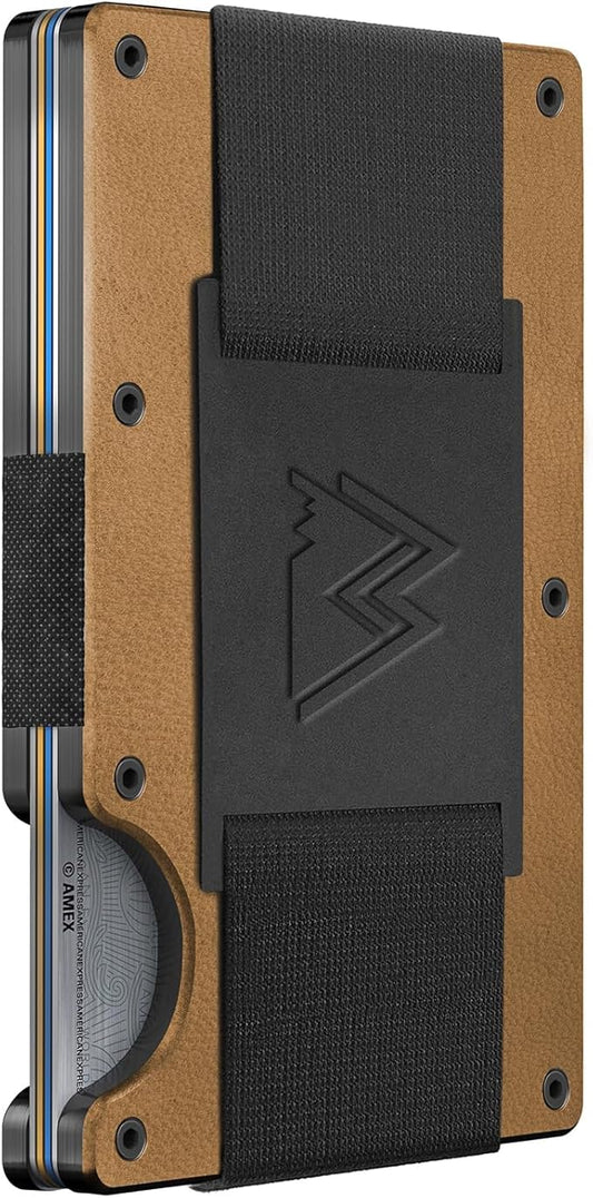 Mountain Voyage Co Minimalist Cash Strap Wallet - Slim RFID Blocking Wallet for Men & Women - Scratch Resistant, Credit Card Holder, Easily Removable Money & Cards, Aluminium Wallet (Khaki Leather)