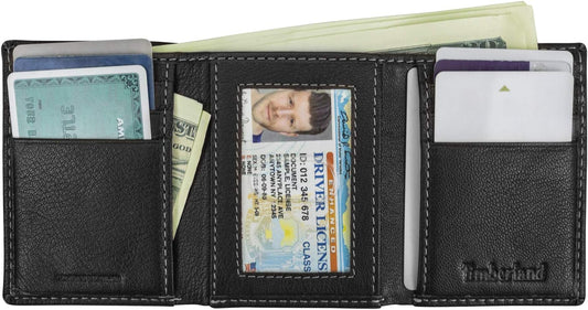 Timberland Men's Leather Trifold Wallet With Id Window, Black (Blix), One Size