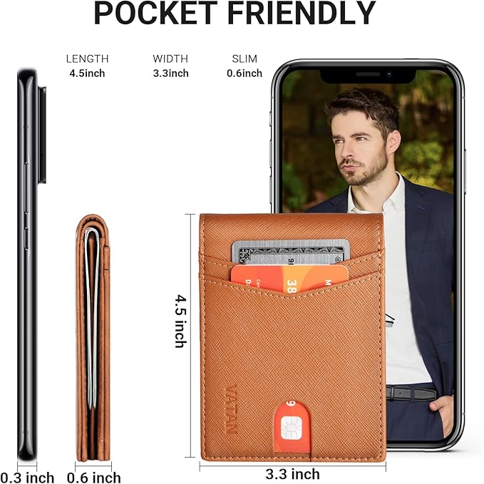 VATAN Wallet for Men, Mens Minimalist Wallet Credit Card Holder, Slim Leather Rfid 2 ID Window Large Capacity With Gift Box (Cross Grain Brown)