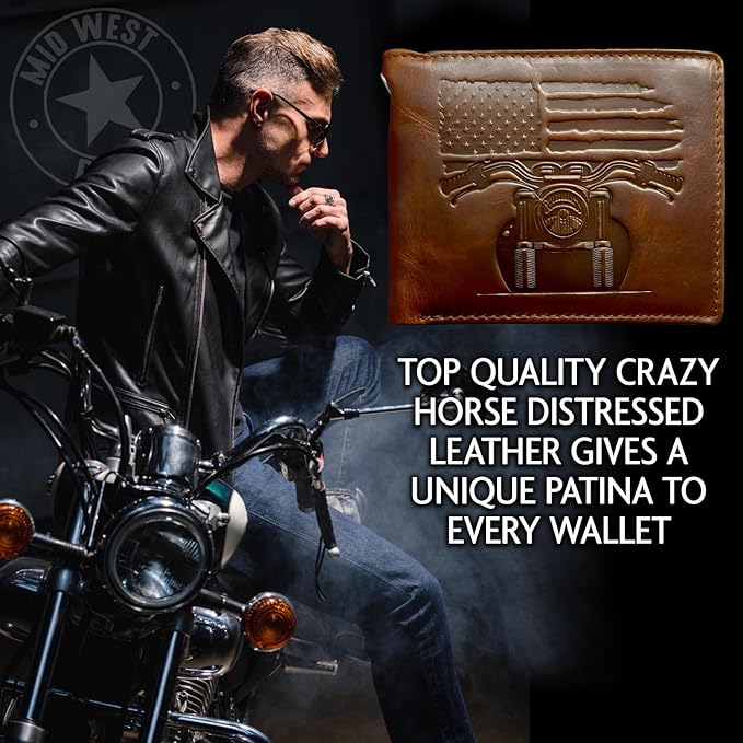 MID WEST RANGE Patriotic Biker Bifold Wallet with Chain for Men – Distressed Brown Leather, RFID-Blocking with 10 Card Slots, Flip-Out ID Holder, Embossed American Flag and Motorcycle Design