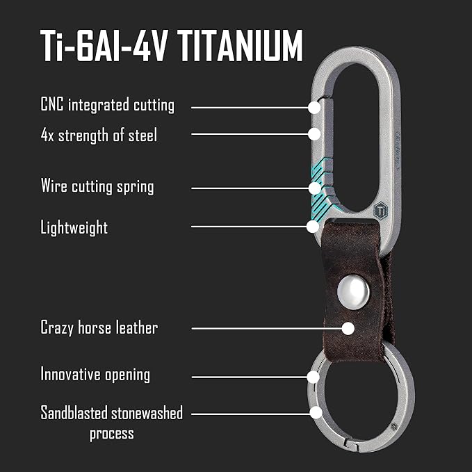KeyUnity KM02 Titanium Belt Clip Carabiner Leather Keychain Holder with Removable Stainless Steel Key Ring