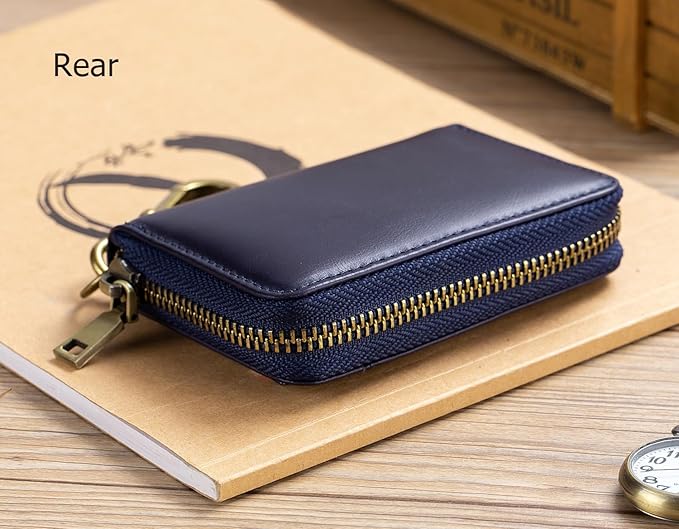 Men's Zipper Key Organizer Rfid Wallet with 6 Hooks Leather Key Holder Case (Blue)