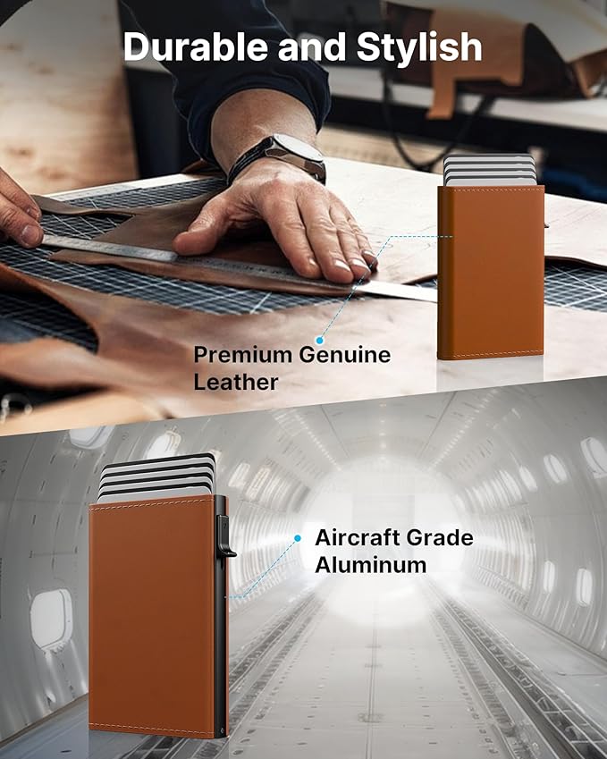 typecase Mens Wallet Card Holder: Pop Up Aluminum Case, Premium Genuine Leather, Smart, RFID Blocking, Slim, Minimalist, Front Pocket - 9-14 Card Capacity | ID Window | Cash Slot - Jet Brown