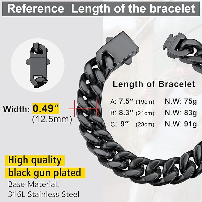 Stainless Steel Bracelets for Men,Cuban Link Mens Bracelet Silver/Black/Gold Plated Classic Chain Wrist Bracelets Jewelry Gifts for Dad Husband 5/7/9/12MM Width,7.5"/8.3"/9" Length with Gift Box