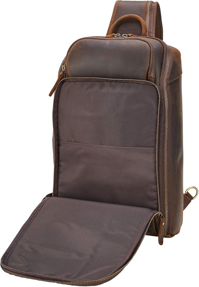 Polare Modern Style Sling Shoulder Bag Men’s Travel/Hiking Daypack with Full Grain Italian Leather and YKK Zippers