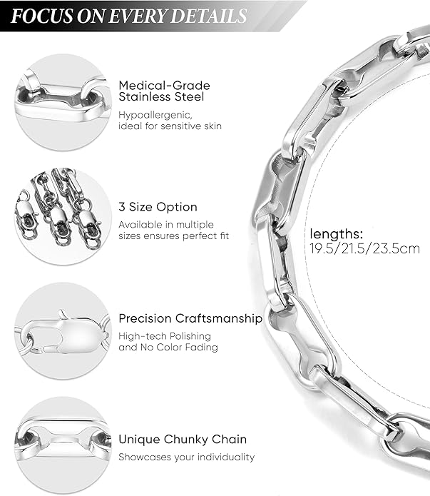 VNOX Link Chain Bracelets for Men - Cool Mens Bracelets Diamond-Cut Paperclip Solid Chain Bracelet Chunky Stainless Steel Jewelry Trendy Gifts