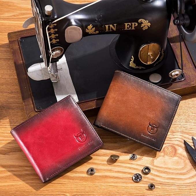 LUKZIJAES Genuine Leather Wallet for Men RFID Blocking Slim Bifold Front Pocket Wallets with 2 ID Window (#1-Red)