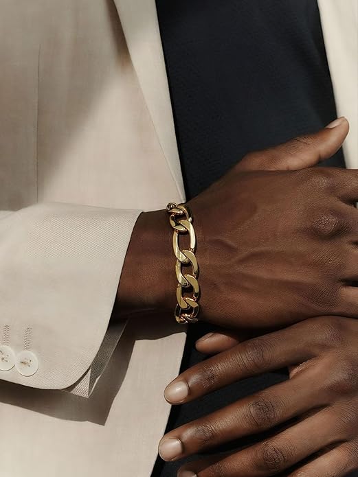 ChainsPro Men Sturdy Figaro/Cuban Chain Bracelet, 6/9/13mm Width, 7.48/8.26inch Length, 316L Stainless Steel/18K Gold Tone/Black- Send Gift Box