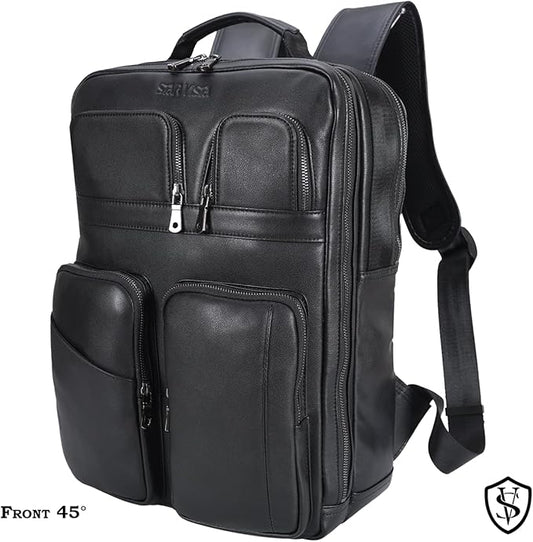 STAR VISTA Angelo 17.3" Premium Calfskin Leather Laptop Backpack for Men, Multi Pockets, Business Travel Bag, Casual Outdoor Rucksack, YKK Zippers, Black