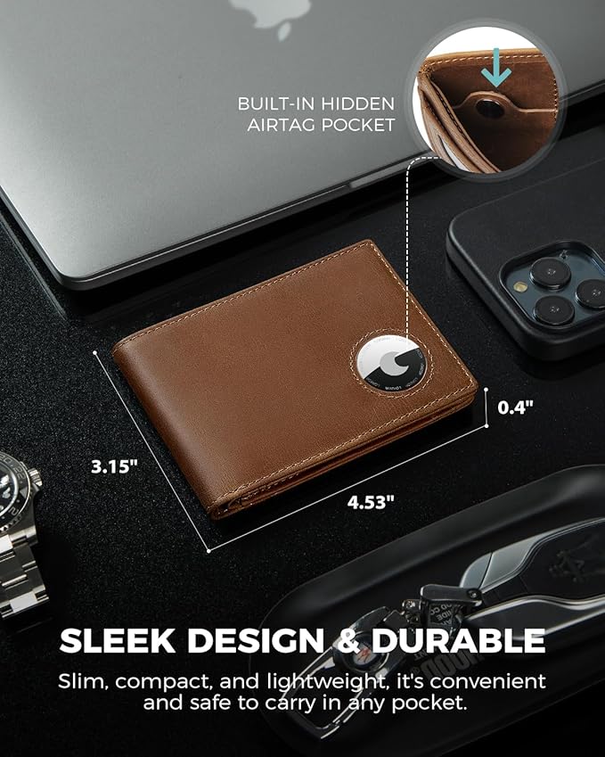 LORZOR AirTag Wallet - Bifold Full Grain Leather Mens Air Tag Wallet with AirTag Holder, RFID Blocking Minimalist Wallet for Men for Apple Air Tag, up to 11 Cards Gifts for Men