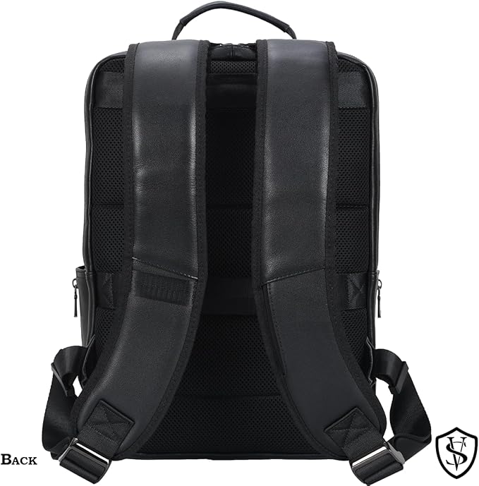 STAR VISTA 15.6" Trajan Premium Calfskin Leather Laptop Backpack for Men, Multi Pockets, Business Travel Bag, Casual Outdoor Rucksack, YKK Zippers, Black