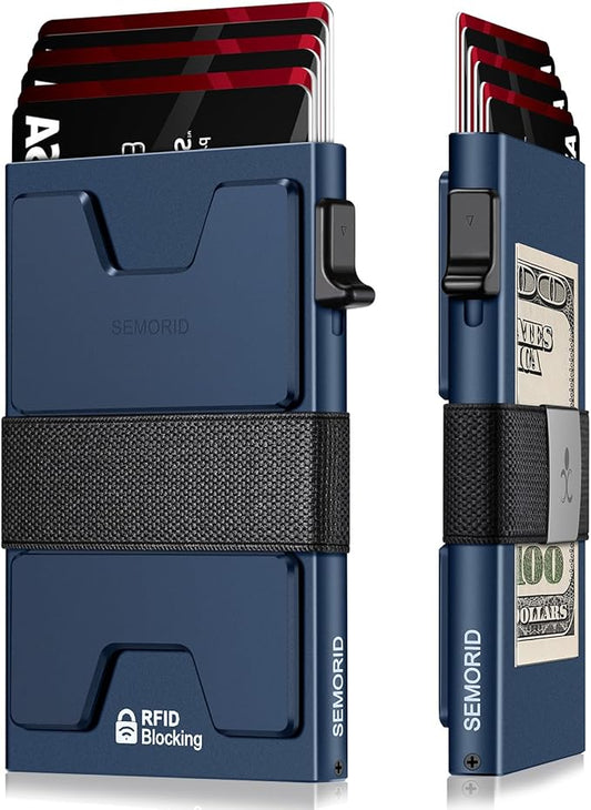 Slim Aluminum Card Holder Wallet for Men, Durable Expandable Backplate, RFID Blocking Minimalist Metal Pop Up Wallet, Holds 12+ Cards Plus Cash