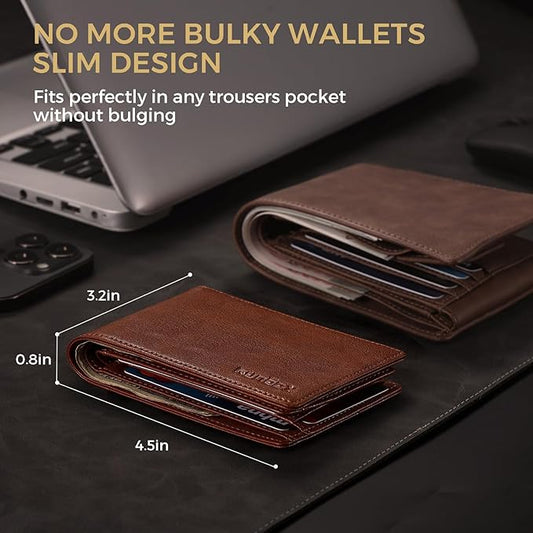 RUNBOX Wallet for Men Bifold RFID Blocking Wallets with 2 ID Window 14 Card Holders 1 cash pocket 1 Gift Box