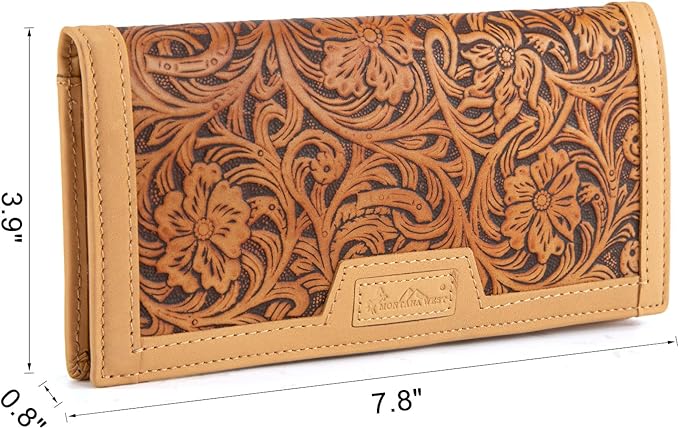 Montana West Wallet for Men Western Tooling Floral Leather Wallet Large Capacity Mens Slim Bifold Wallets with ID Window