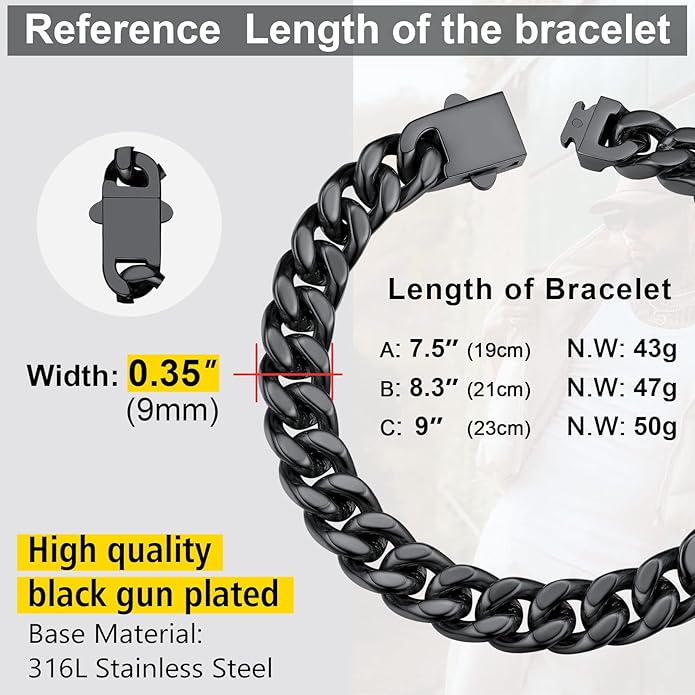 Stainless Steel Bracelets for Men,Cuban Link Mens Bracelet Silver/Black/Gold Plated Classic Chain Wrist Bracelets Jewelry Gifts for Dad Husband 5/7/9/12MM Width,7.5"/8.3"/9" Length with Gift Box