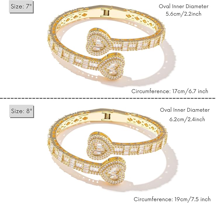 Lulu Mel Iced Out Baguette Diamond Bracelet Jewelry for Women, Hip Hop Mens 14k Gold Silver Plated Cubic Zirconia Bangle Bracelet, Men Heart Cuff Bracelet With Jewelry Box
