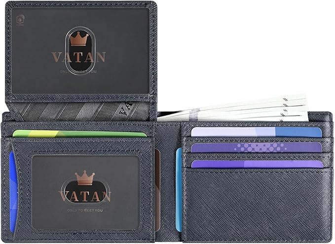 VATAN Wallet for Men, Mens Minimalist Wallet Credit Card Holder, Slim Leather Rfid 2 ID Window Large Capacity With Gift Box (Cross Grain Deep Blue)