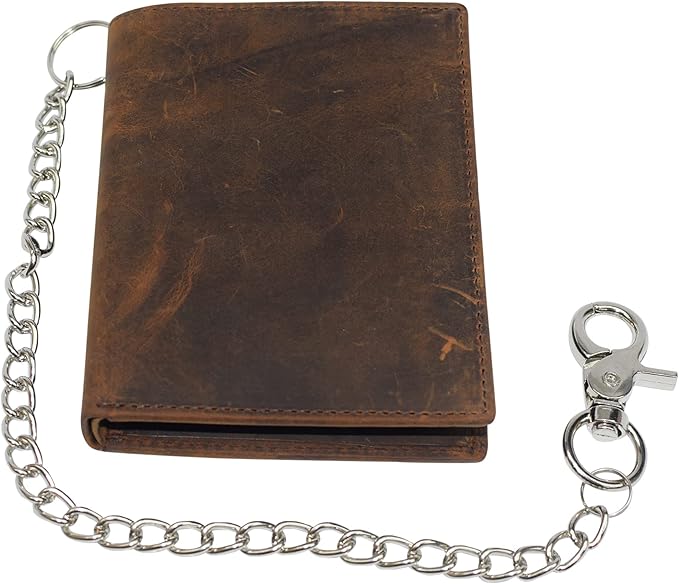 RFID Blocking Bifold Hipster Credit Card Wallet Premium Lambskin Leather (Vintage Brown With Chain)