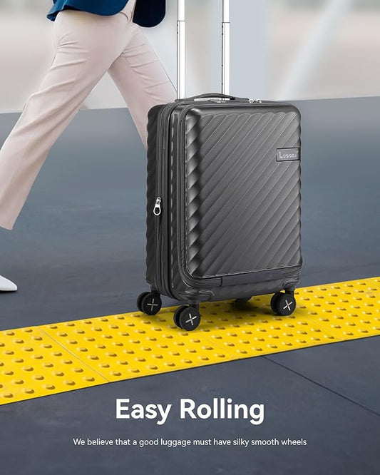 LUGGEX Carry On Luggage with Compartment and Cup Holder, Expandable PC Hard Shell Suitcase with Front Pocket (Gunmetal, 2-Piece (20/Tote))