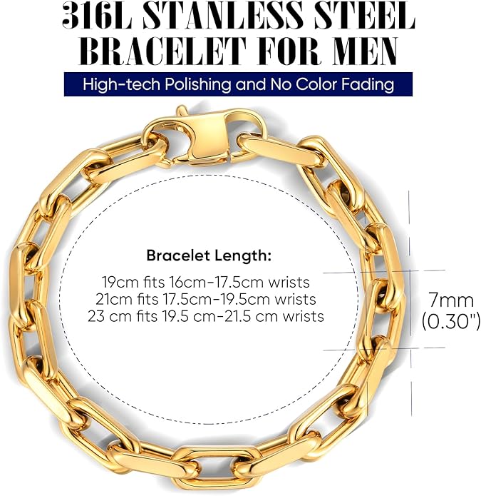 VNOX Link Chain Bracelets for Men - Cool Mens Bracelets Diamond-Cut Paperclip Solid Chain Bracelet Chunky Stainless Steel Jewelry Trendy Gifts