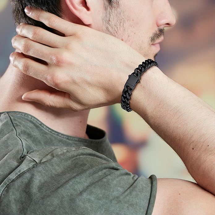 Stainless Steel Bracelets for Men,Cuban Link Mens Bracelet Silver/Black/Gold Plated Classic Chain Wrist Bracelets Jewelry Gifts for Dad Husband 5/7/9/12MM Width,7.5"/8.3"/9" Length with Gift Box